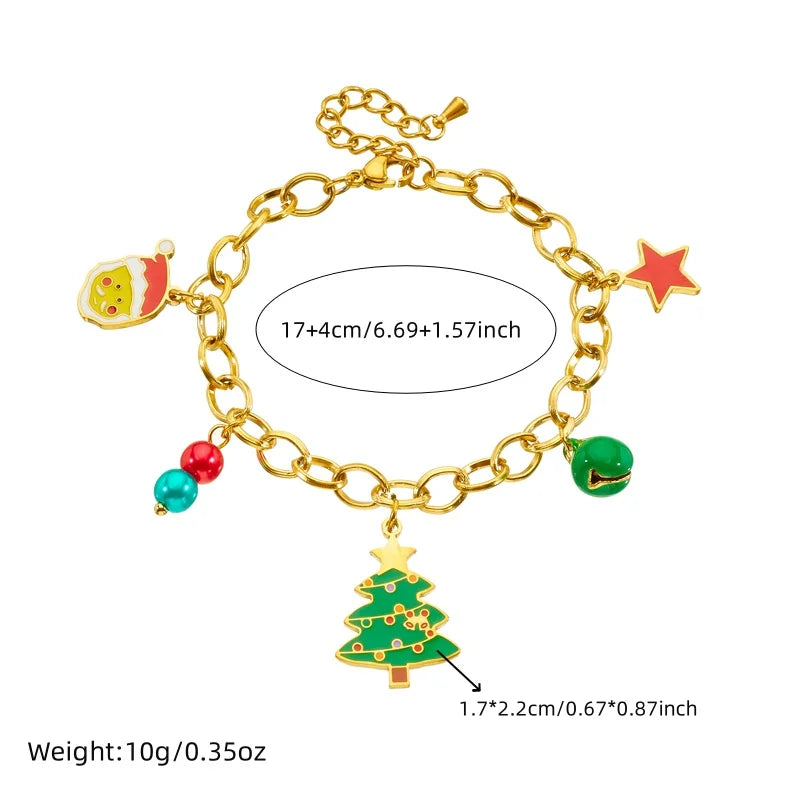 Christmas Charm Jewelry Set – 36L Stainless Steel Necklace, Bracelet, & Earrings with Stars, Santa Claus, and Tree Charms