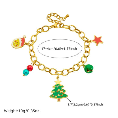 Christmas Charm Jewelry Set – 36L Stainless Steel Necklace, Bracelet, & Earrings with Stars, Santa Claus, and Tree Charms