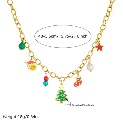 Christmas Charm Jewelry Set – 36L Stainless Steel Necklace, Bracelet, & Earrings with Stars, Santa Claus, and Tree Charms