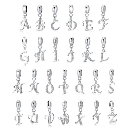 925 Sterling Silver Alphabet Charms with Cubic Zirconia Stones